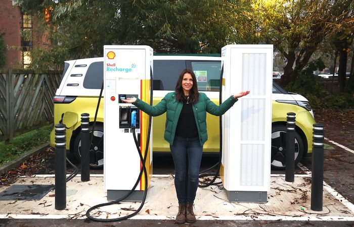 Ginny Buckley and Shell Recharge Rapid chargers, with VW Buzz